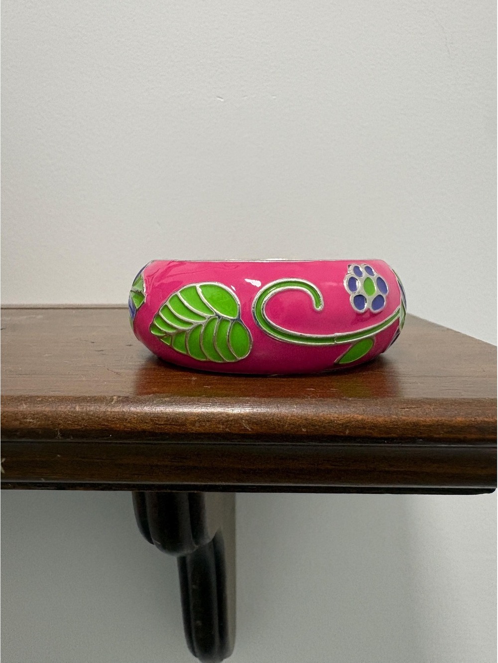 Chunky Pink Enamel on Silver Tone Clamper Bracelet with Blue Green Accents